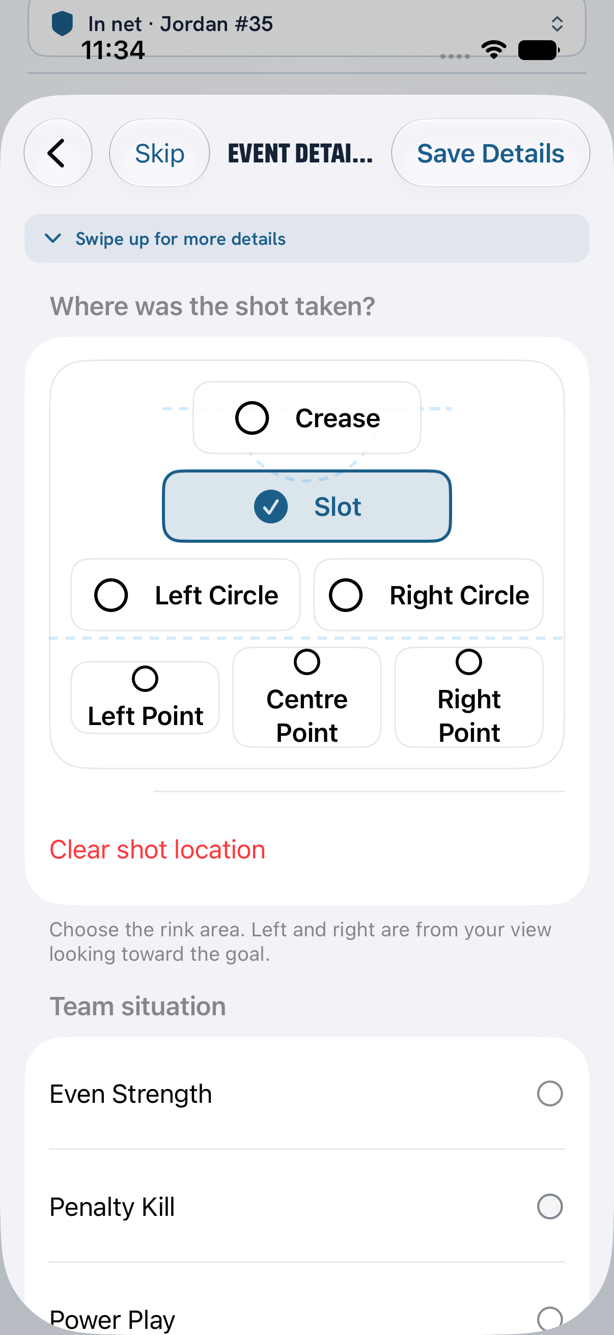 PuckStop event details screen showing shot origin and game context