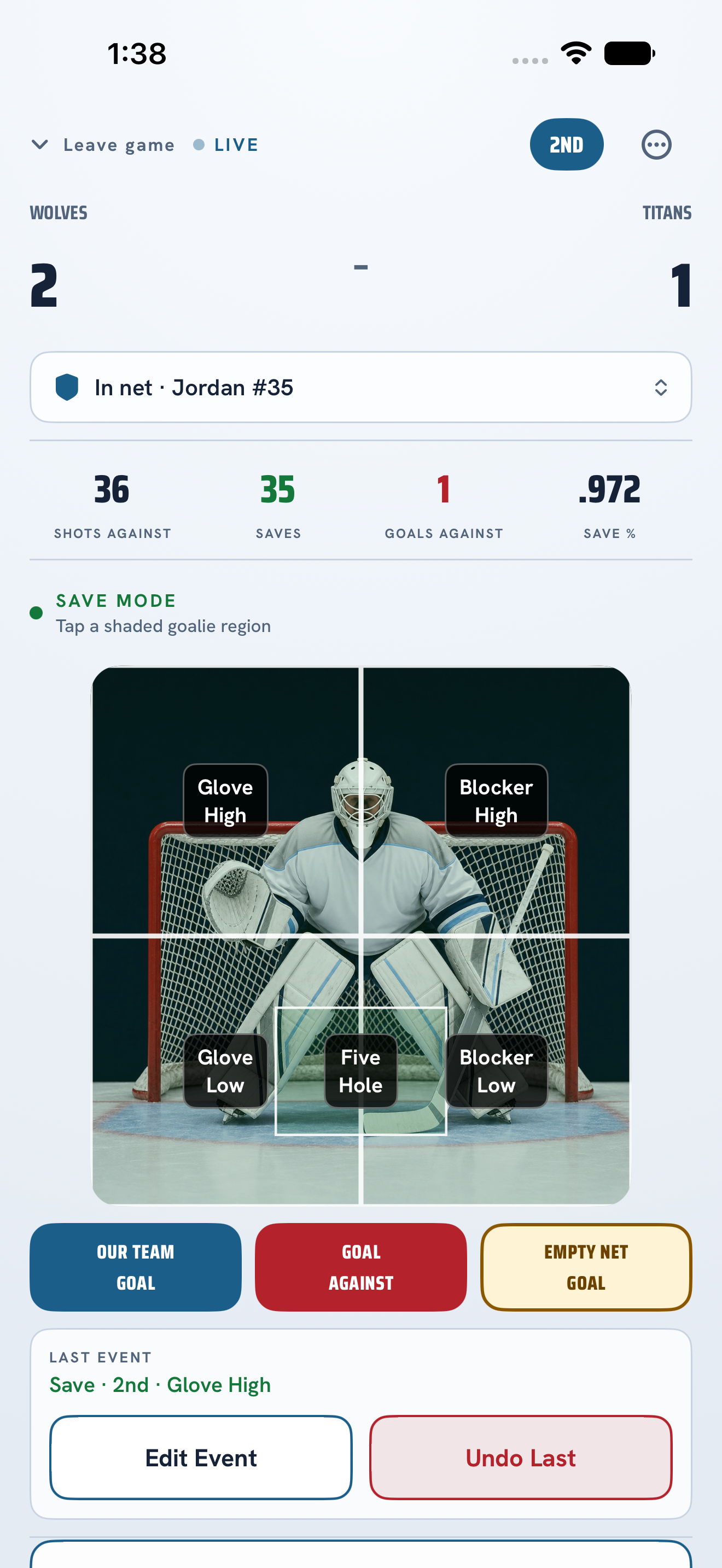 PuckStop live tracking screen with Save, Goal, and Empty Net controls and a goalie-zone map
