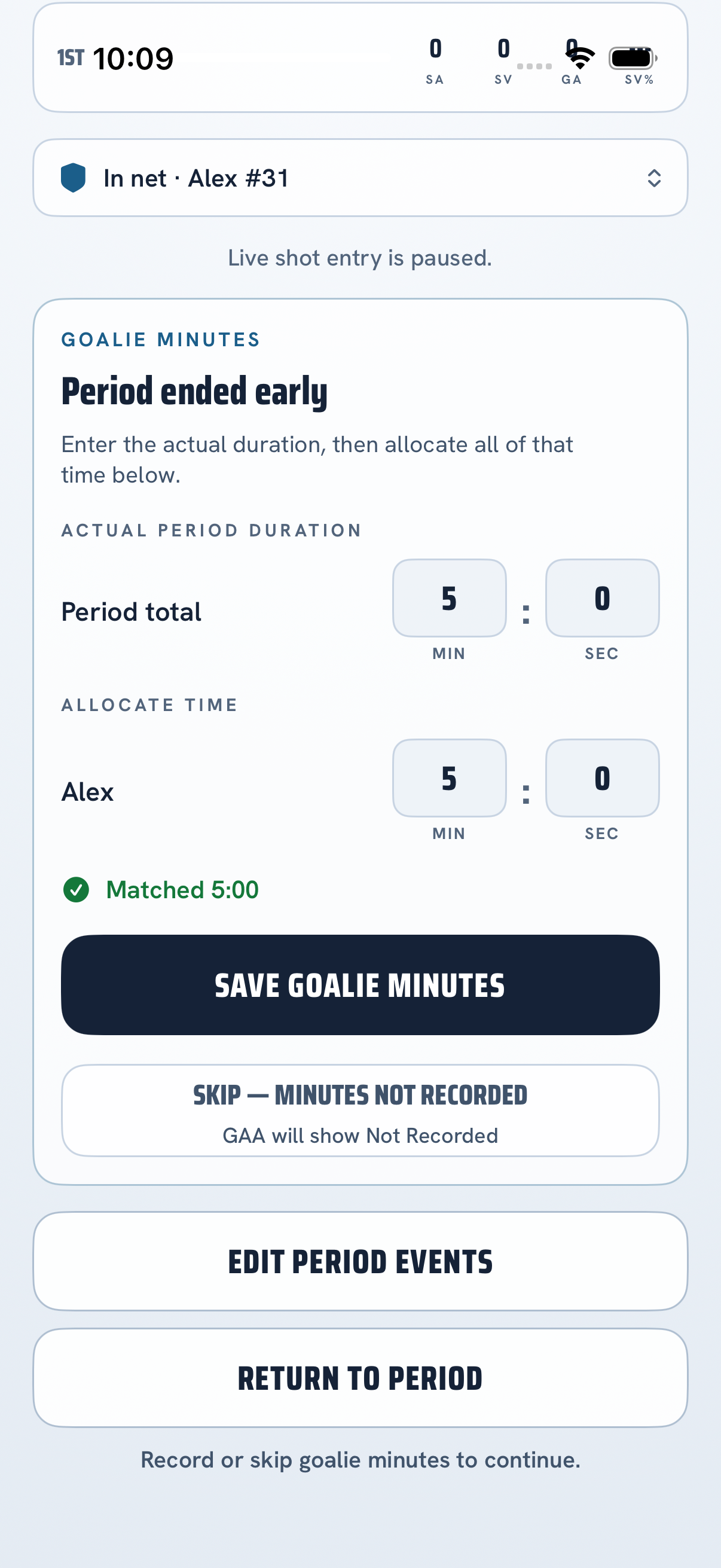 PuckStop period review screen showing goalie-minute allocation when a period ends early